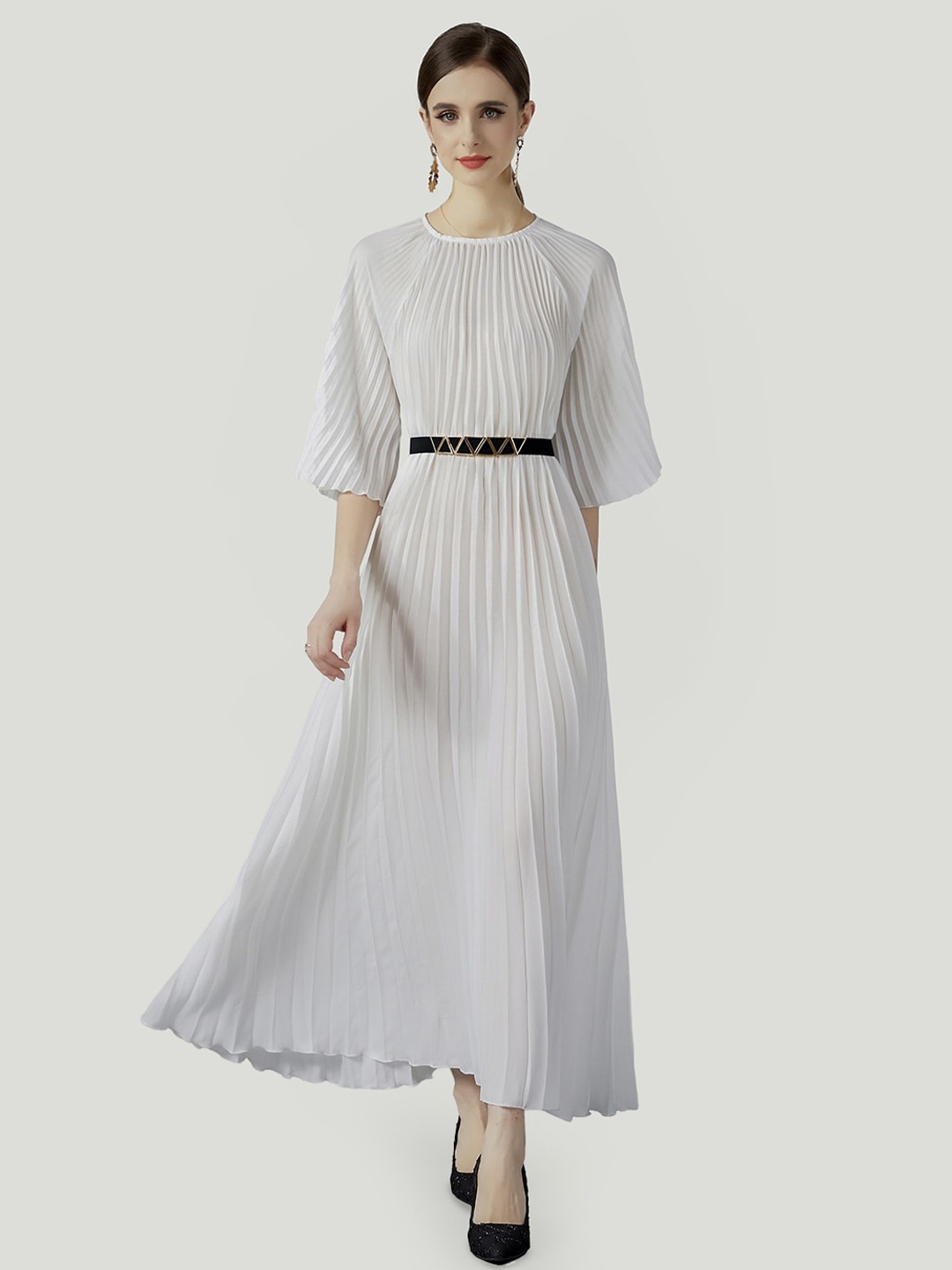 

JC Collection Accordion Pleated Flared Sleeve Belted Maxi Dress, White