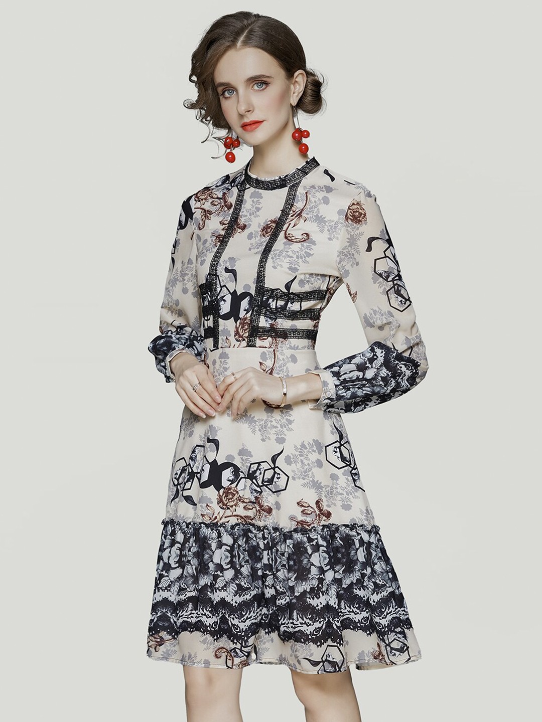 

JC Collection Floral Printed Cuffed Sleeves A-line Dress, Off white