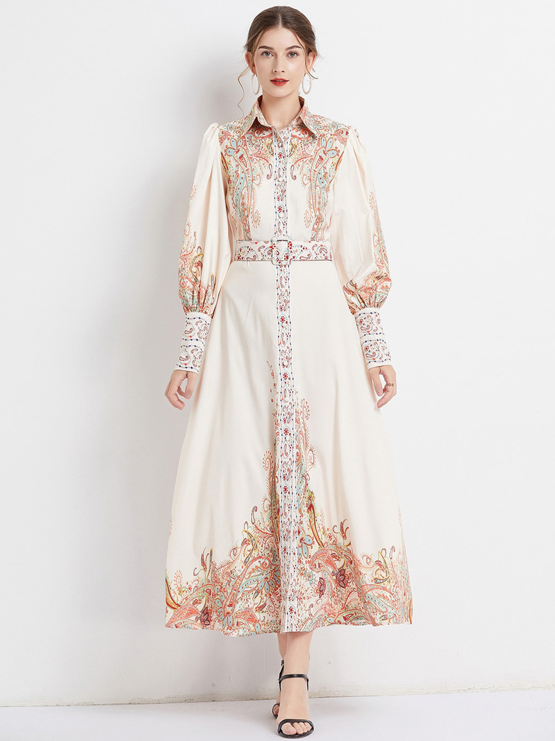 

JC Collection Ethnic Motifs Printed Shirt Collar Fit & Flare Maxi Dress, Beige