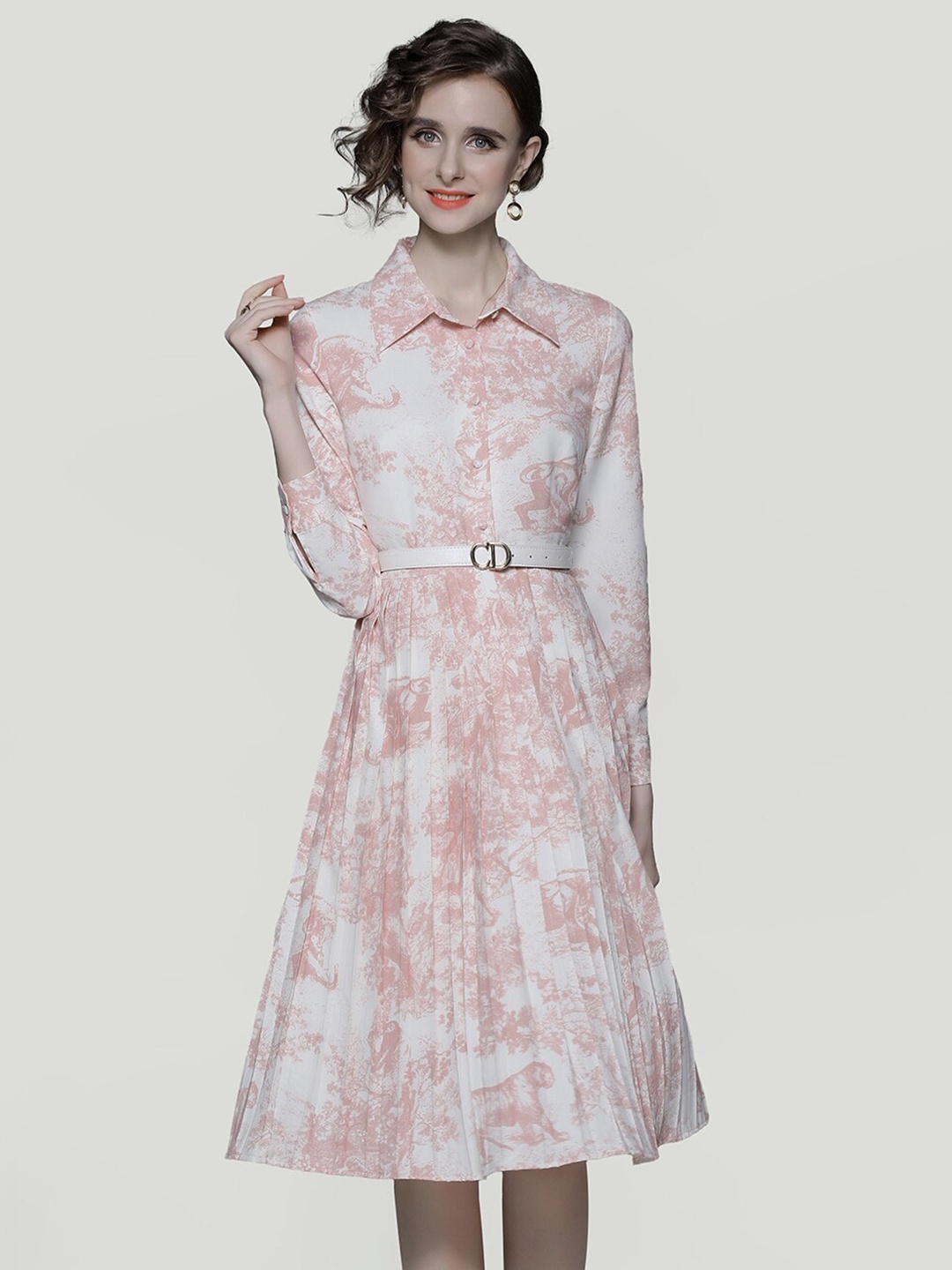 

JC Collection Abstract Printed Shirt Collar Cuffed Sleeves Fit & Flare Dress, Pink