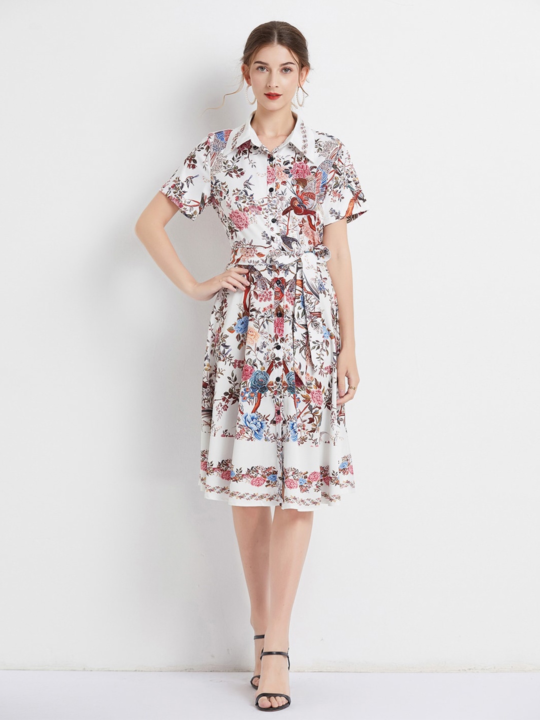 

JC Collection Floral Printed Shirt Collar Shirt Dress, White