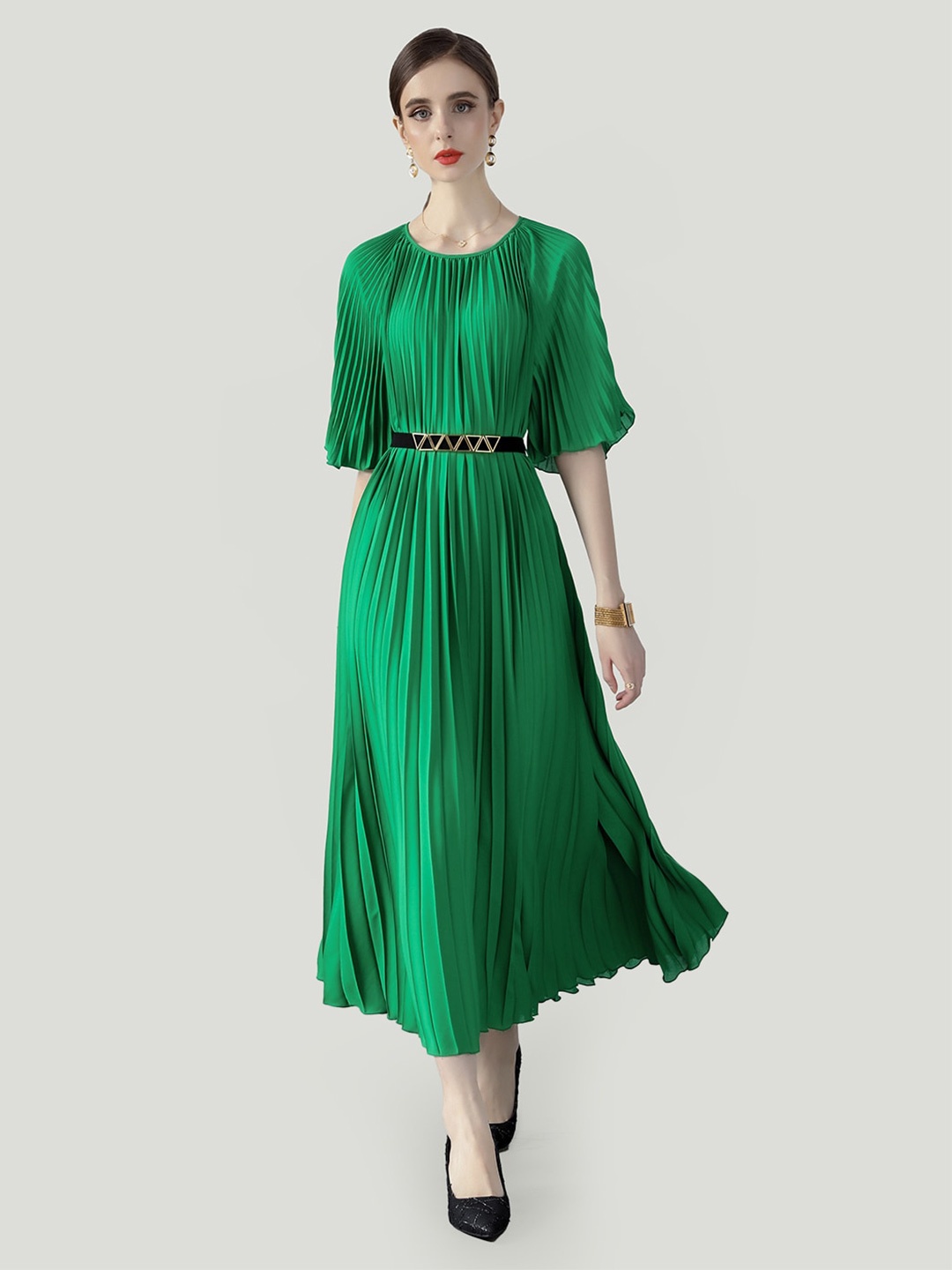 

JC Collection Accordion Pleated Fit and Flare Belted Midi Dress, Green
