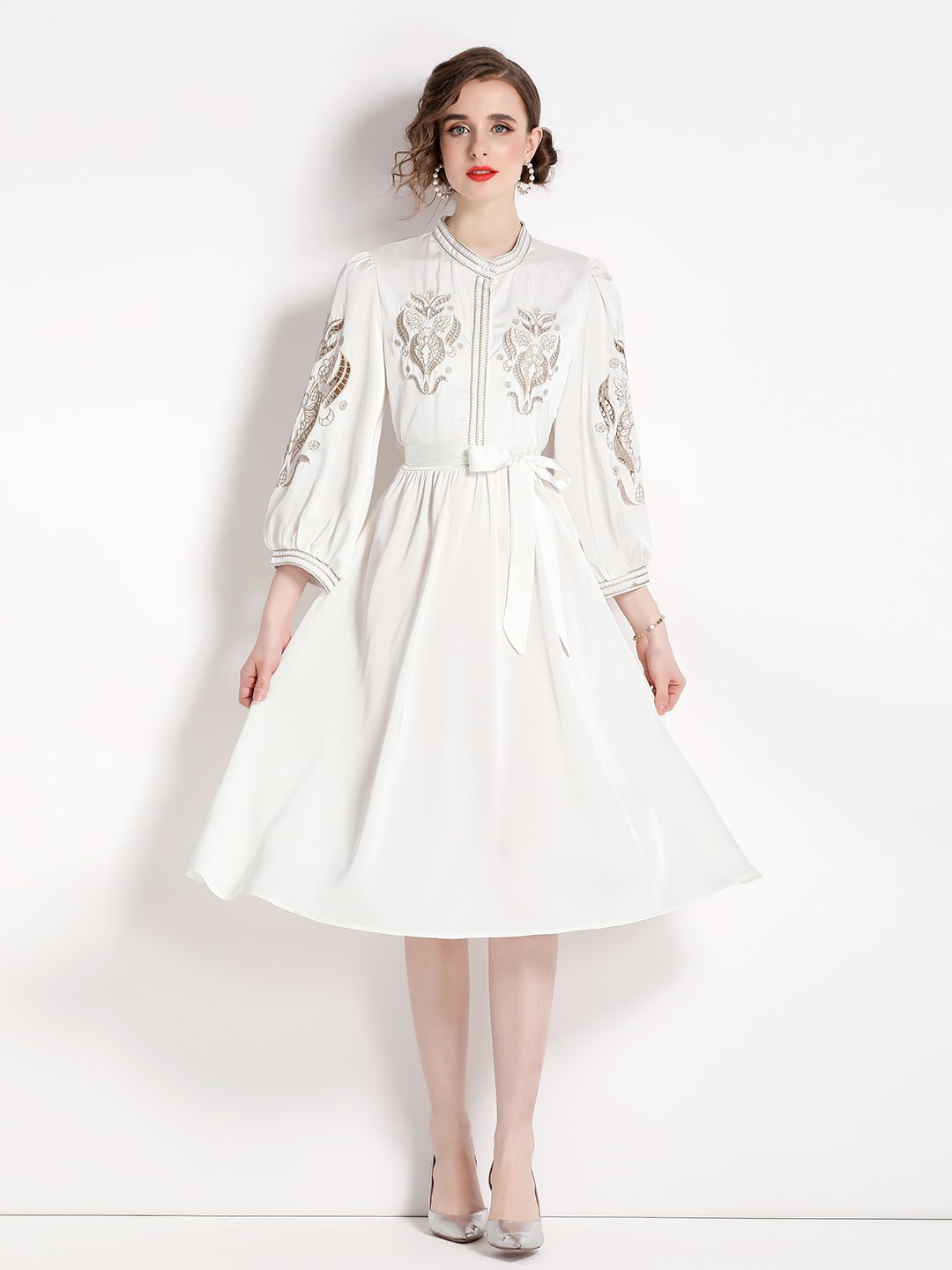 

JC Collection Self Design Puff Sleeves Fit & Flare Dress, White