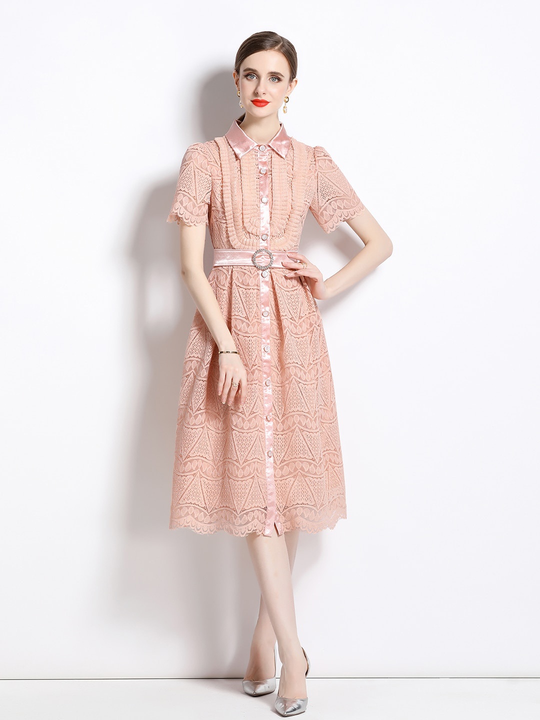 

JC Collection Self Design Shirt Collar Puff Sleeves Belted Shirt Dress, Pink