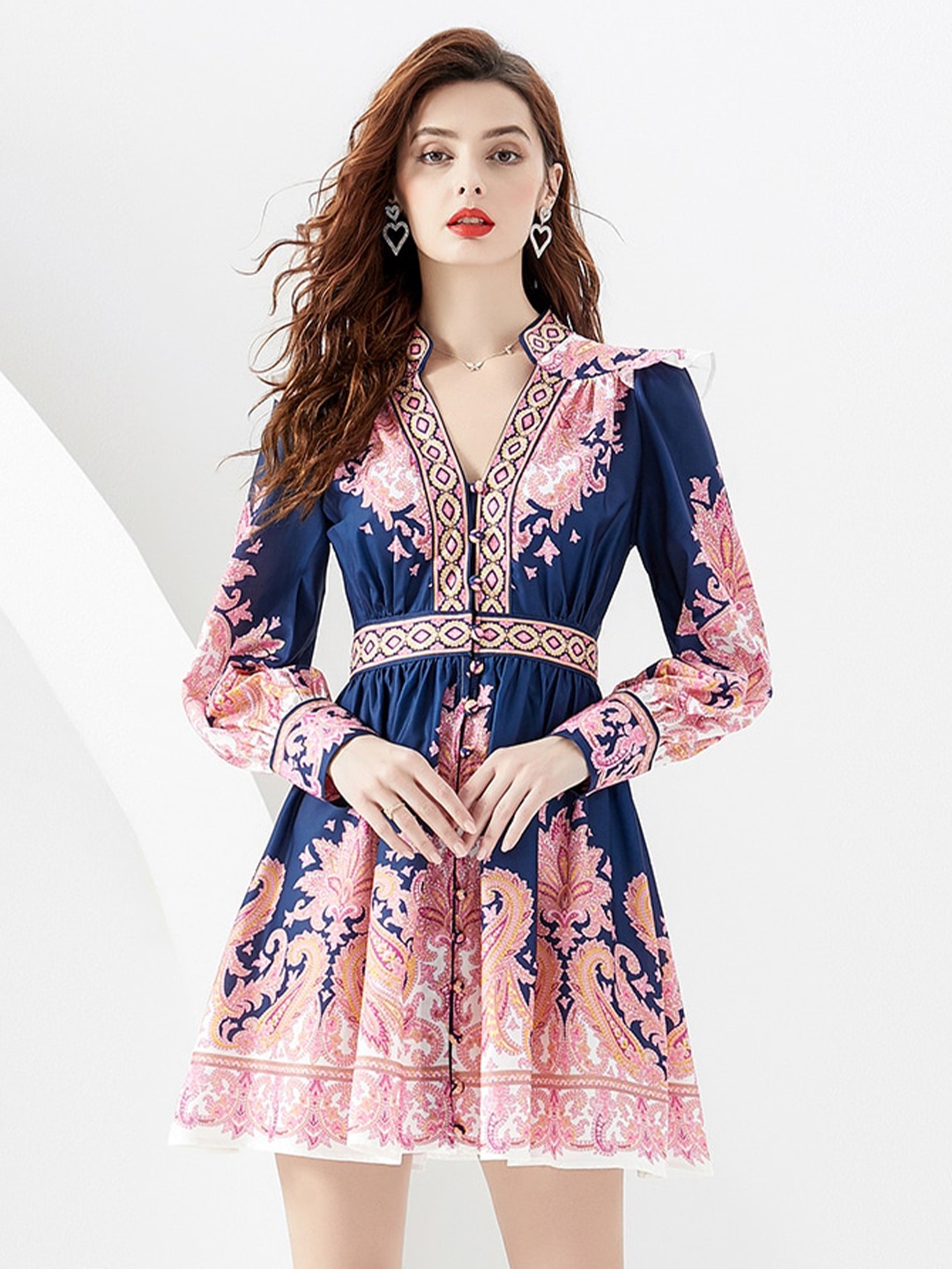 

JC Collection Ethnic Motifs Print Fit & Flare Mini Dress, Navy blue