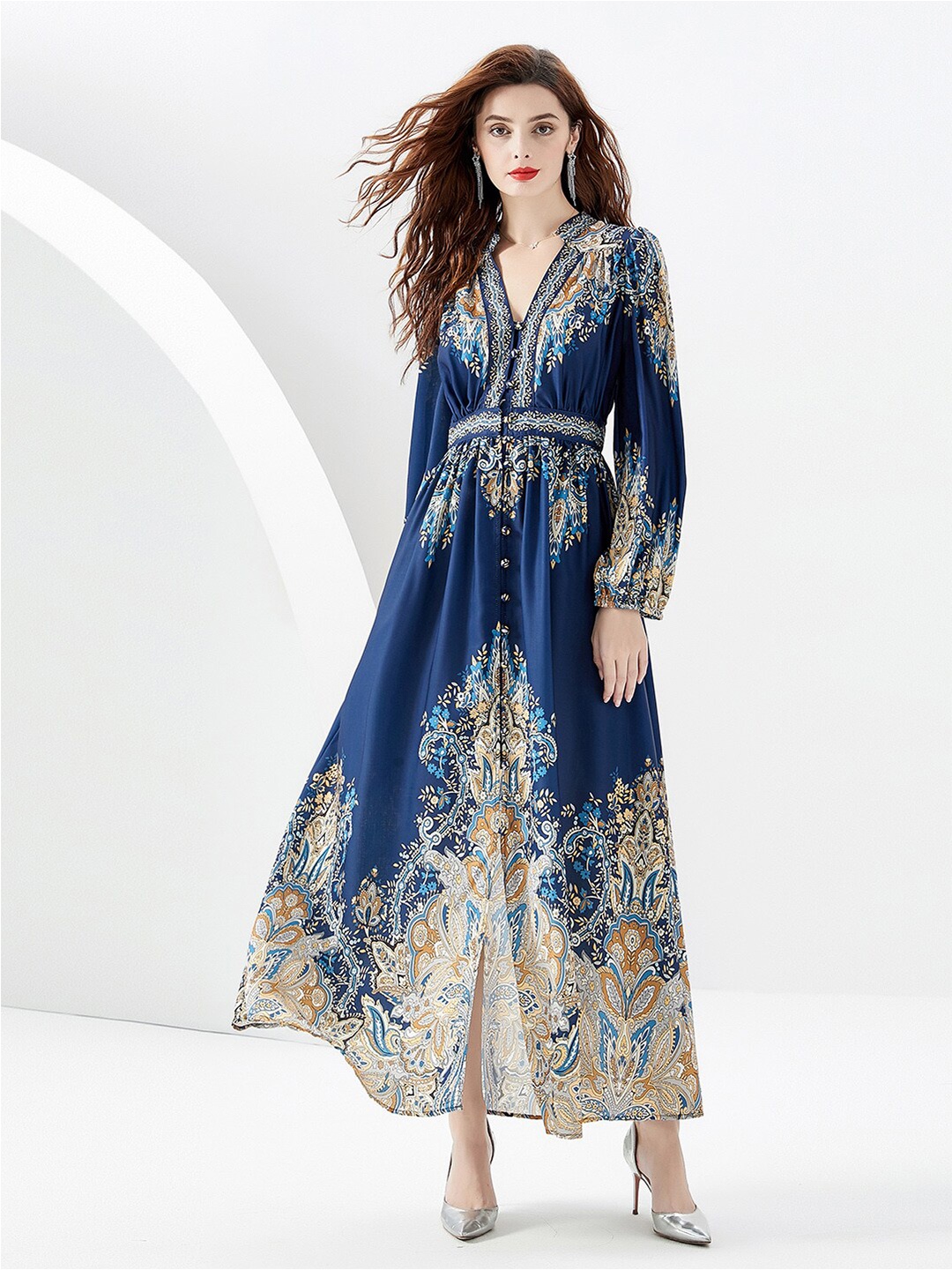 

JC Collection Ethnic Motifs Printed Maxi Dress, Navy blue