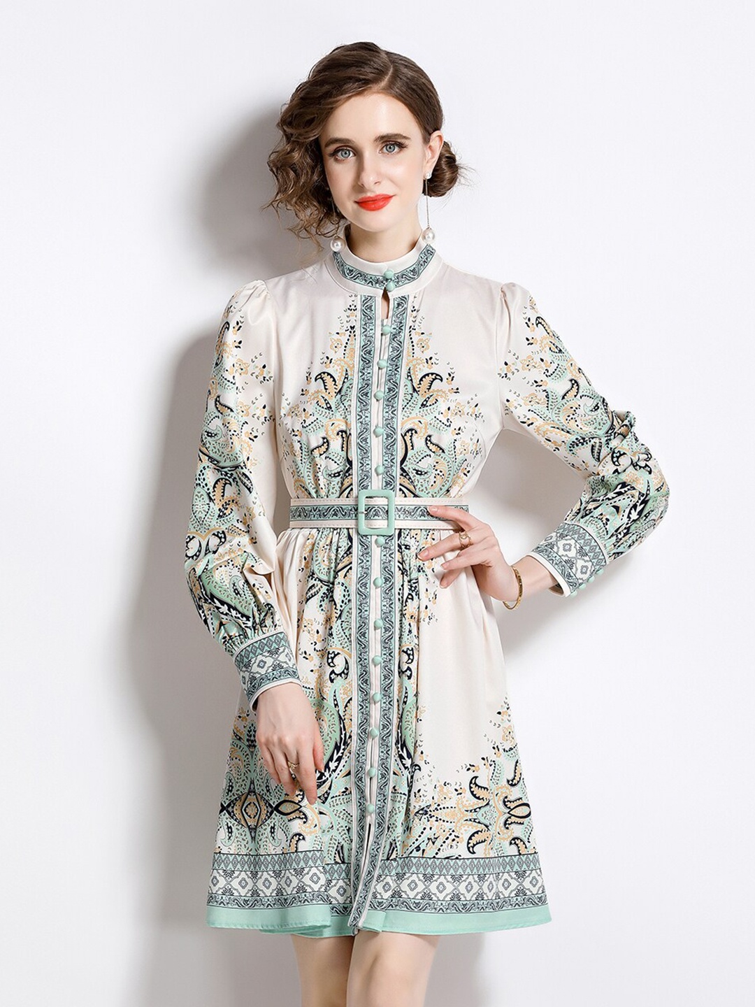 

JC Collection Ethnic Motifs Printed Long sleeves Fit & Flare Dress, Green