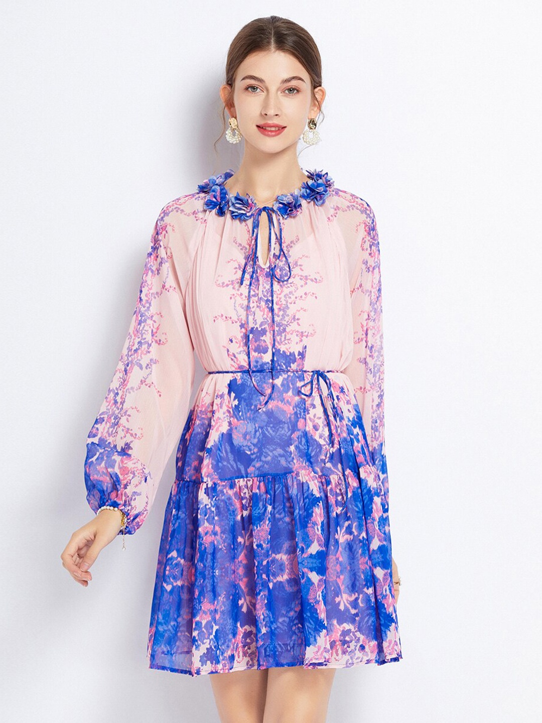 

JC Collection Floral Printed Tie-Up Neck Long Puff Sleeve Drop-Waist Dress, Blue