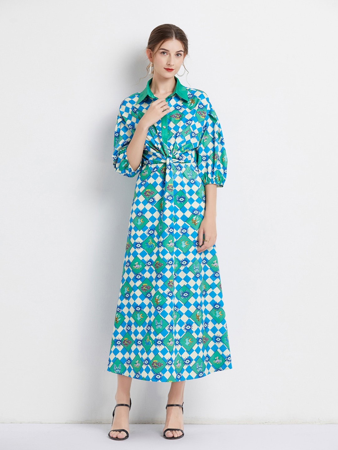

JC Collection Geometric Printed Puff Sleeves Twisted Detail Shirt Midi Dress, Green