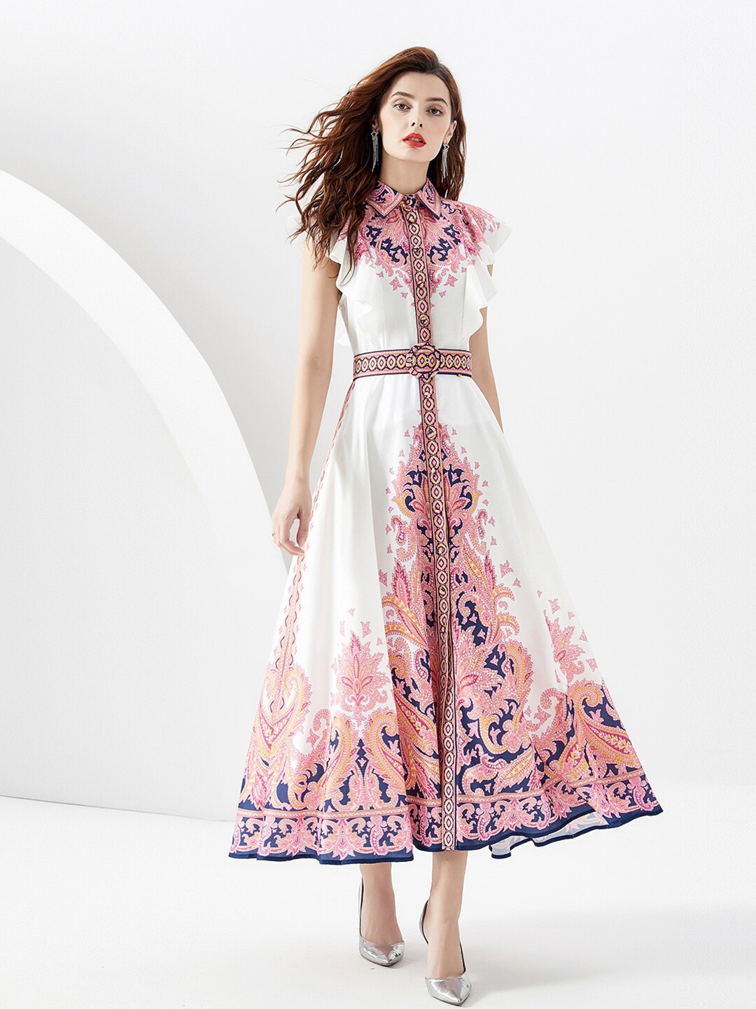 

JC Collection Floral Printed Belted Ruffled Shirt Maxi Dress, Pink