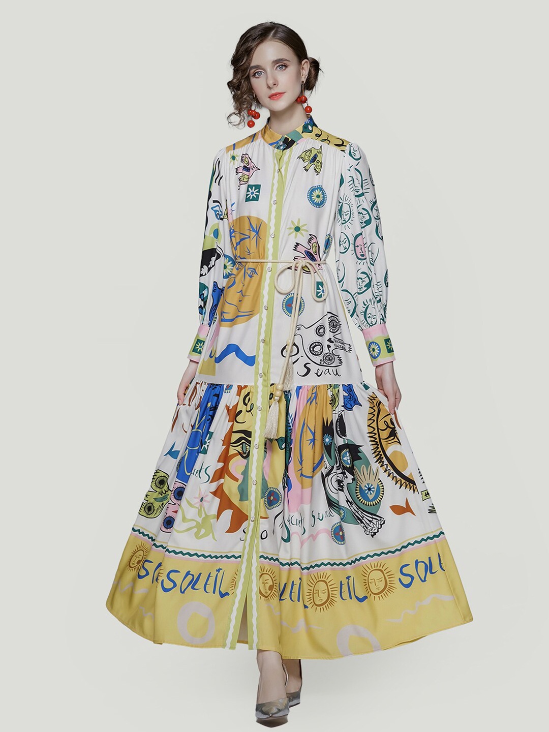 

JC Collection Abstract Printed Band Collar Tiered Cuffed Sleeves Maxi Shirt Dress, White