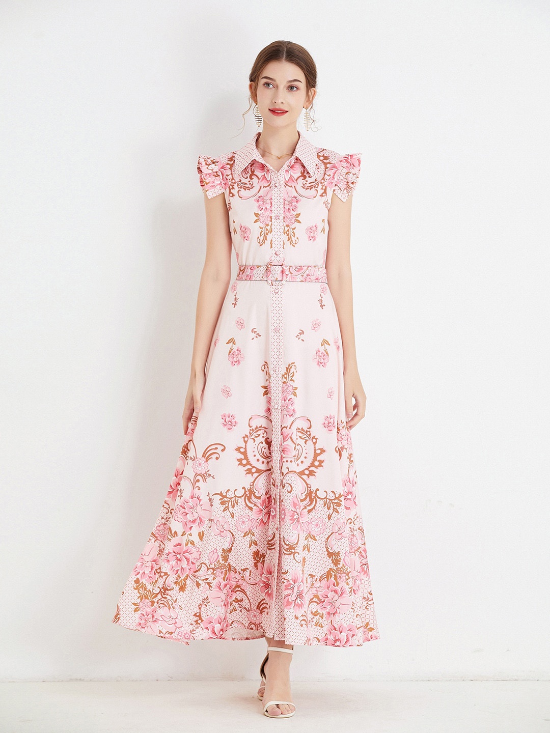 

JC Collection Ethnic Motifs Printed Shirt Collar Flutter Sleeve Belted Shirt Dress, Pink