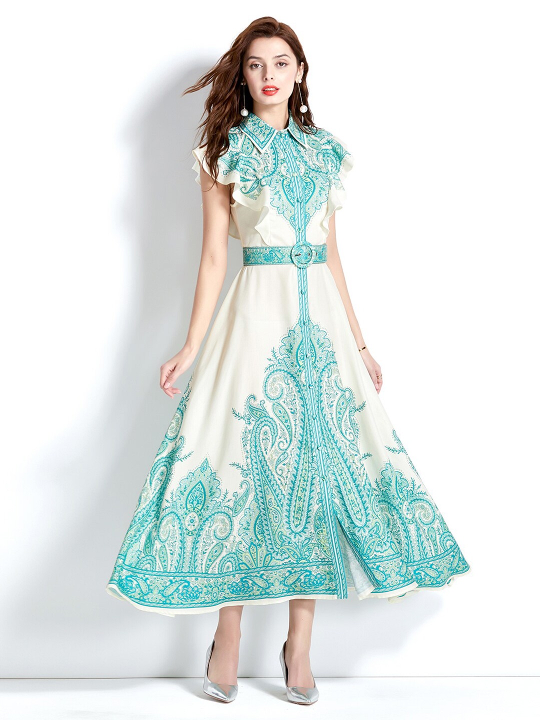 

JC Collection Floral Printed Belted Ruffled Shirt Maxi Dress, Sea green