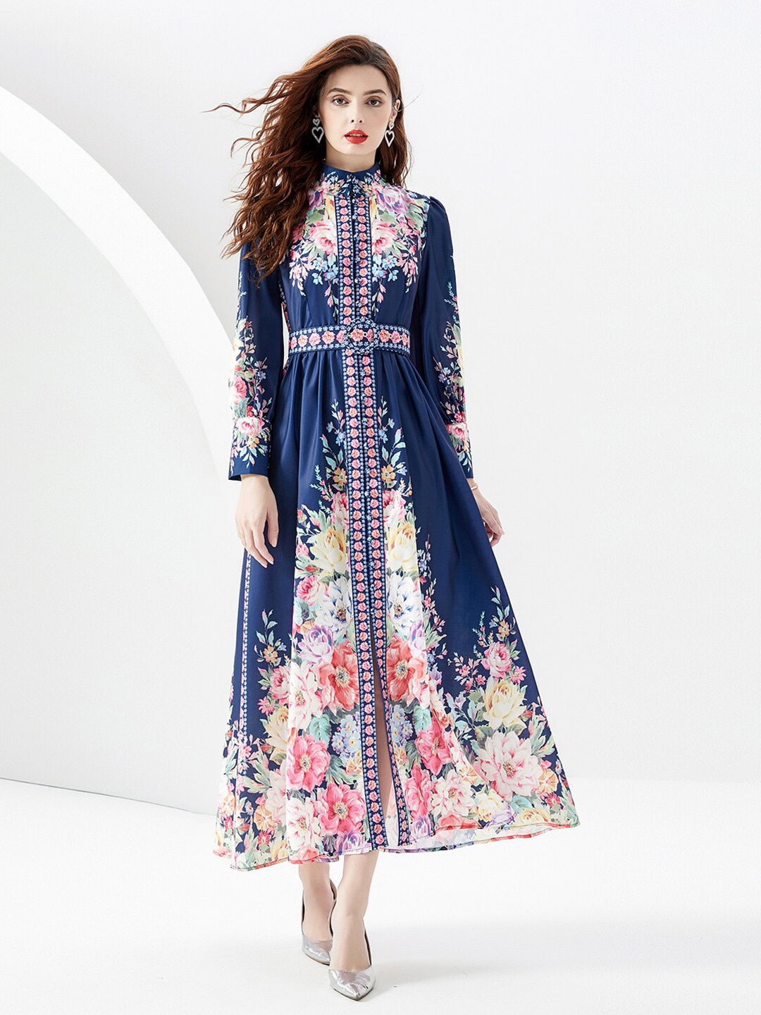 

JC Collection Floral Printed Belted Mock Neck Fit & Flare Midi Dress, Blue