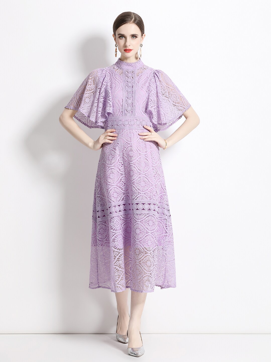 

JC Collection Self Design High Neck Flared Sleeve Lace Up A-Line Dress, Purple