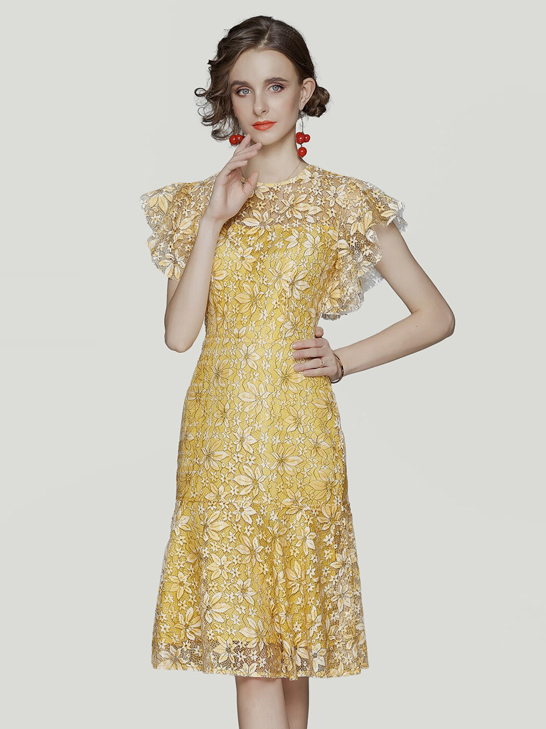 

JC Collection Flutter Sleeve A-Line Dress, Yellow