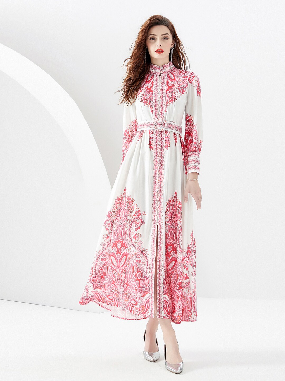 

JC Collection Ethnic Motifs Printed Belted Mock Neck Maxi Fit & Flare Dress, Red