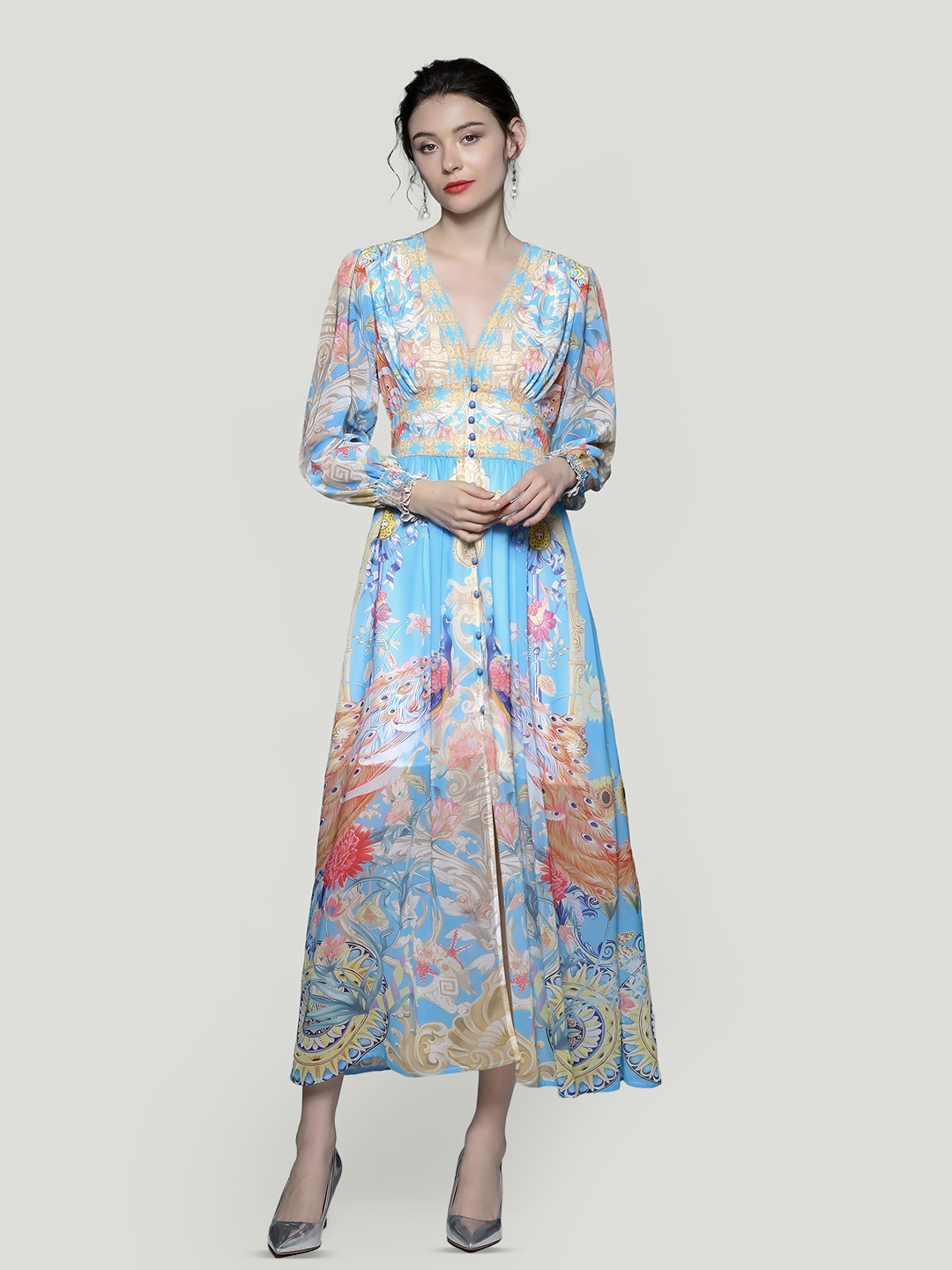 

JC Collection Floral Printed V-Neck Cuffed Sleeves Fit and Flare Maxi Dress, Blue