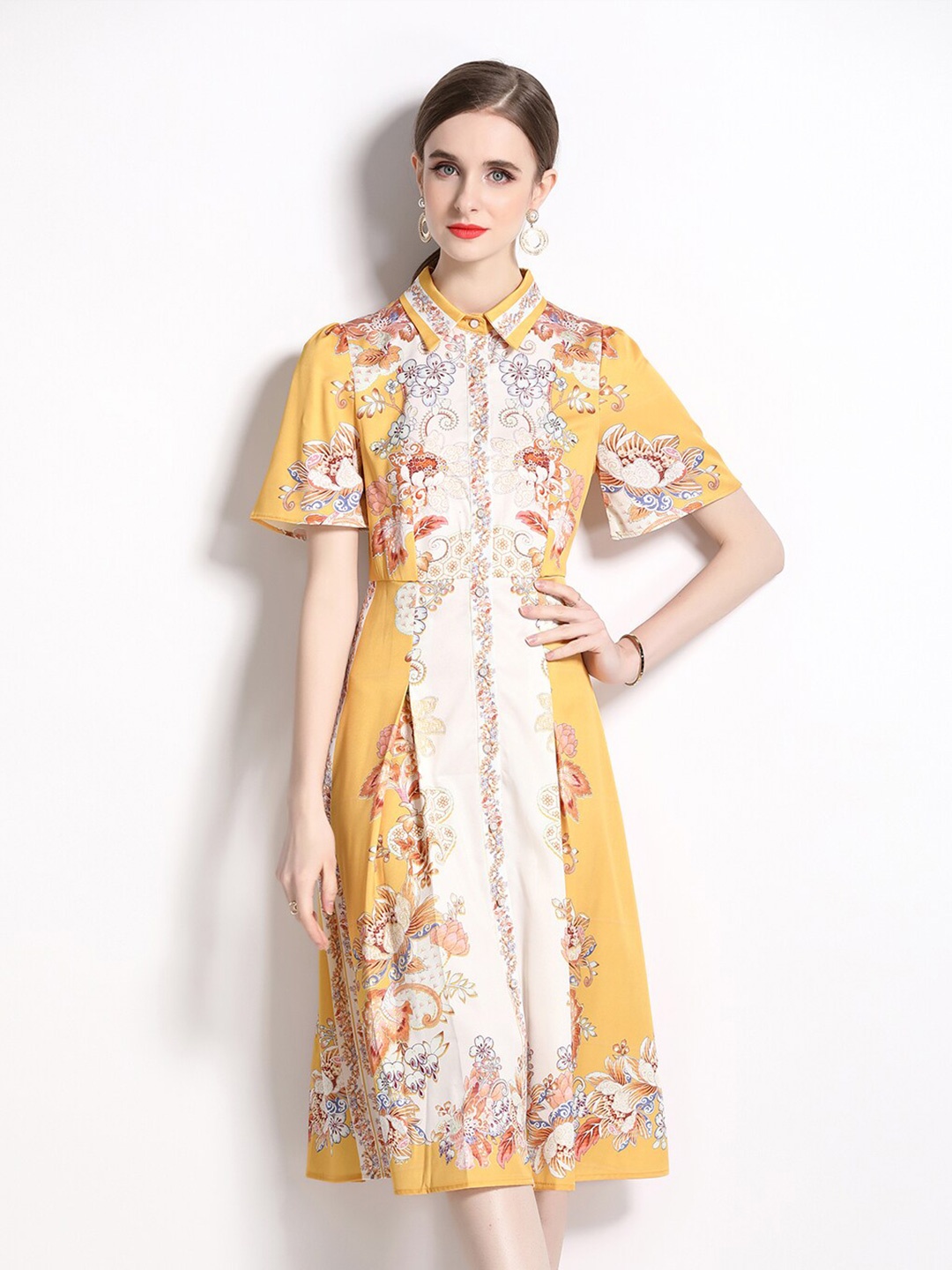 

JC Collection Floral Printed Flared Sleeves Shirt Collar A-Line Midi Dress, Yellow