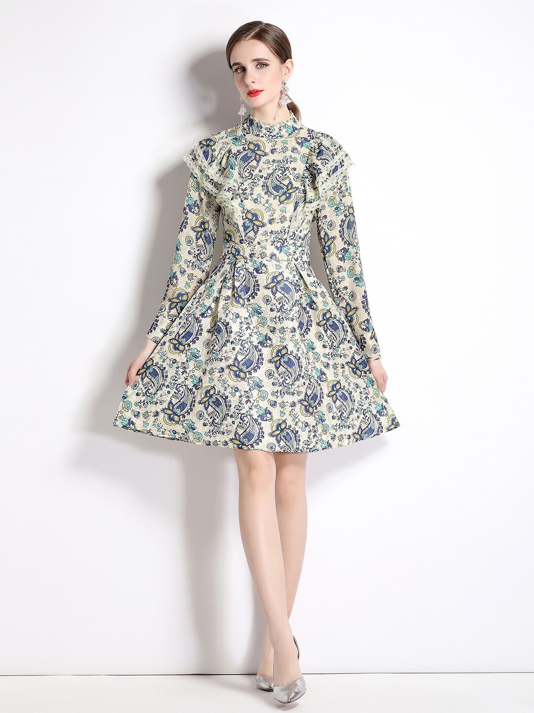 

JC Collection Ethnic Printed High Neck Ruffled Belted Lace Inserted Fit & Flare Dress, Beige