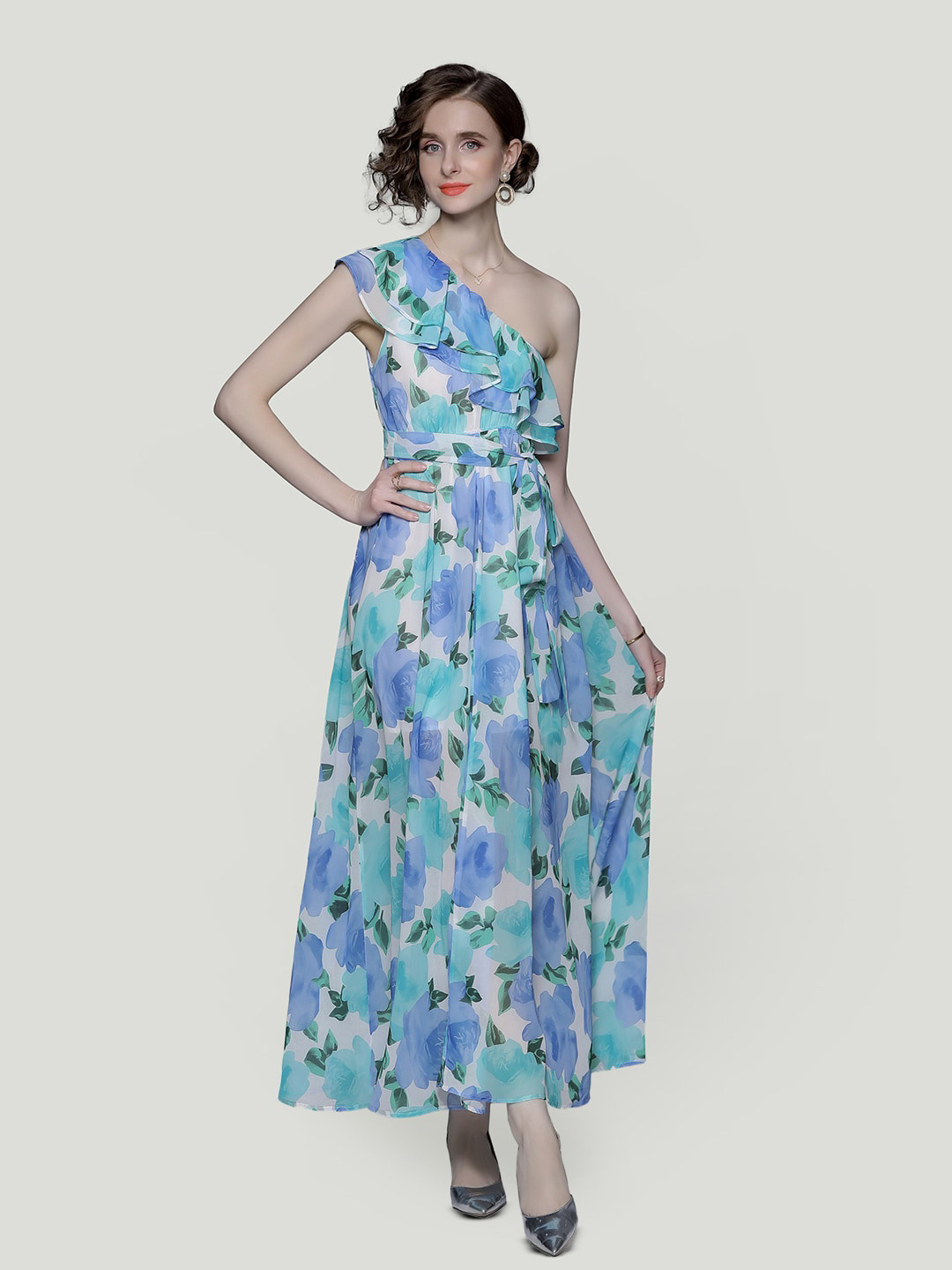 

JC Collection Floral Printed One Shoulder Ruffles Detail Flared Maxi Dress, Blue