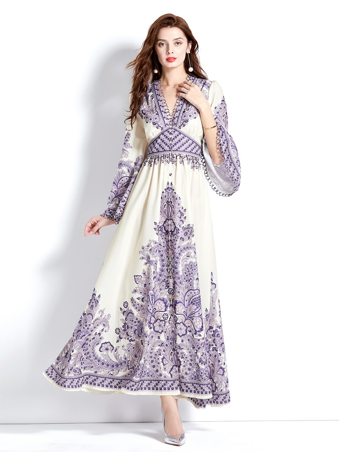 

JC Collection Floral Printed V-Neck Flared Sleeves Empire Dress, Off white