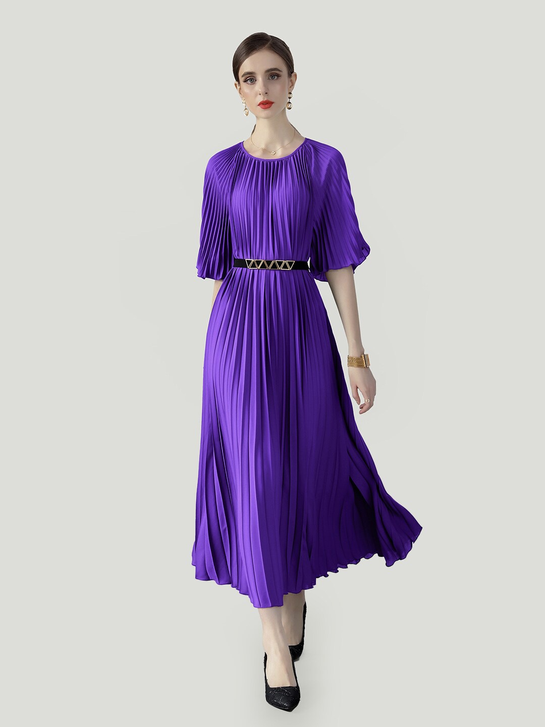 

JC Collection Accordion Pleats Flared Sleeves Fit & Flare Midi Dress, Purple