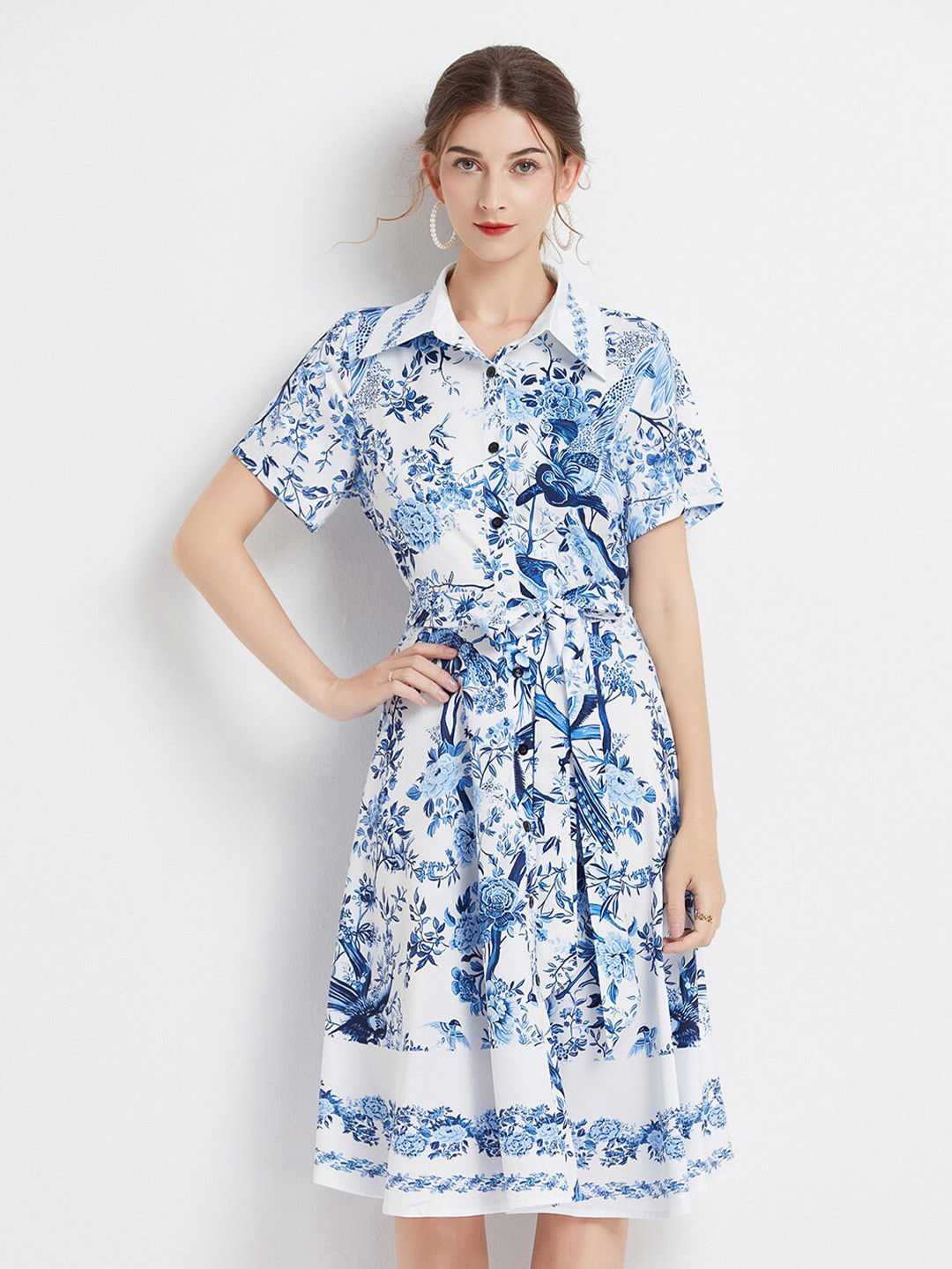 

JC Collection Floral Printed Shirt Collar Fit & Flare Dress, Blue