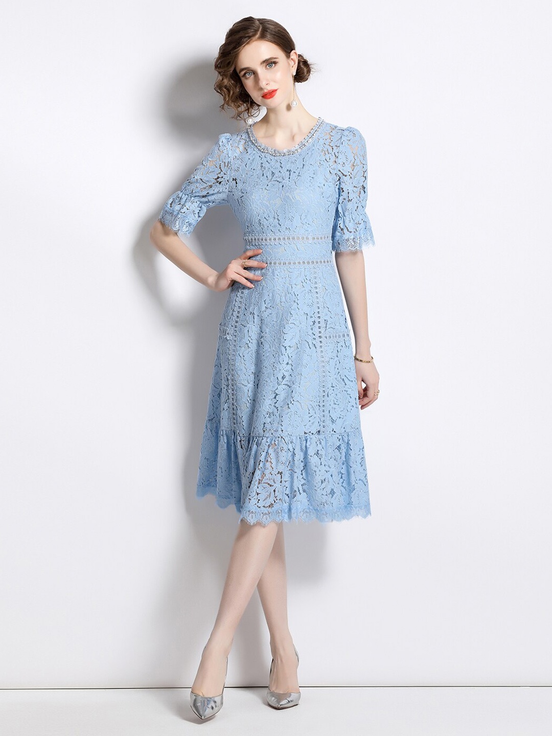 

JC Collection Self Design Bell Sleeves Flared Fit & Flare Dress, Blue
