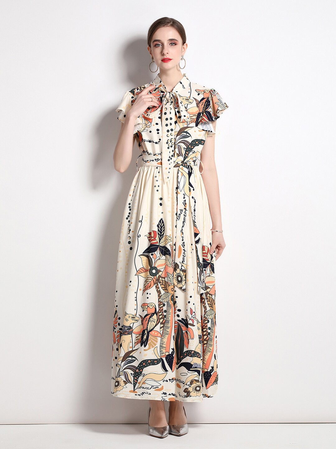 

JC Collection Floral Printed Tie-Up Neck Maxi Dress, Beige