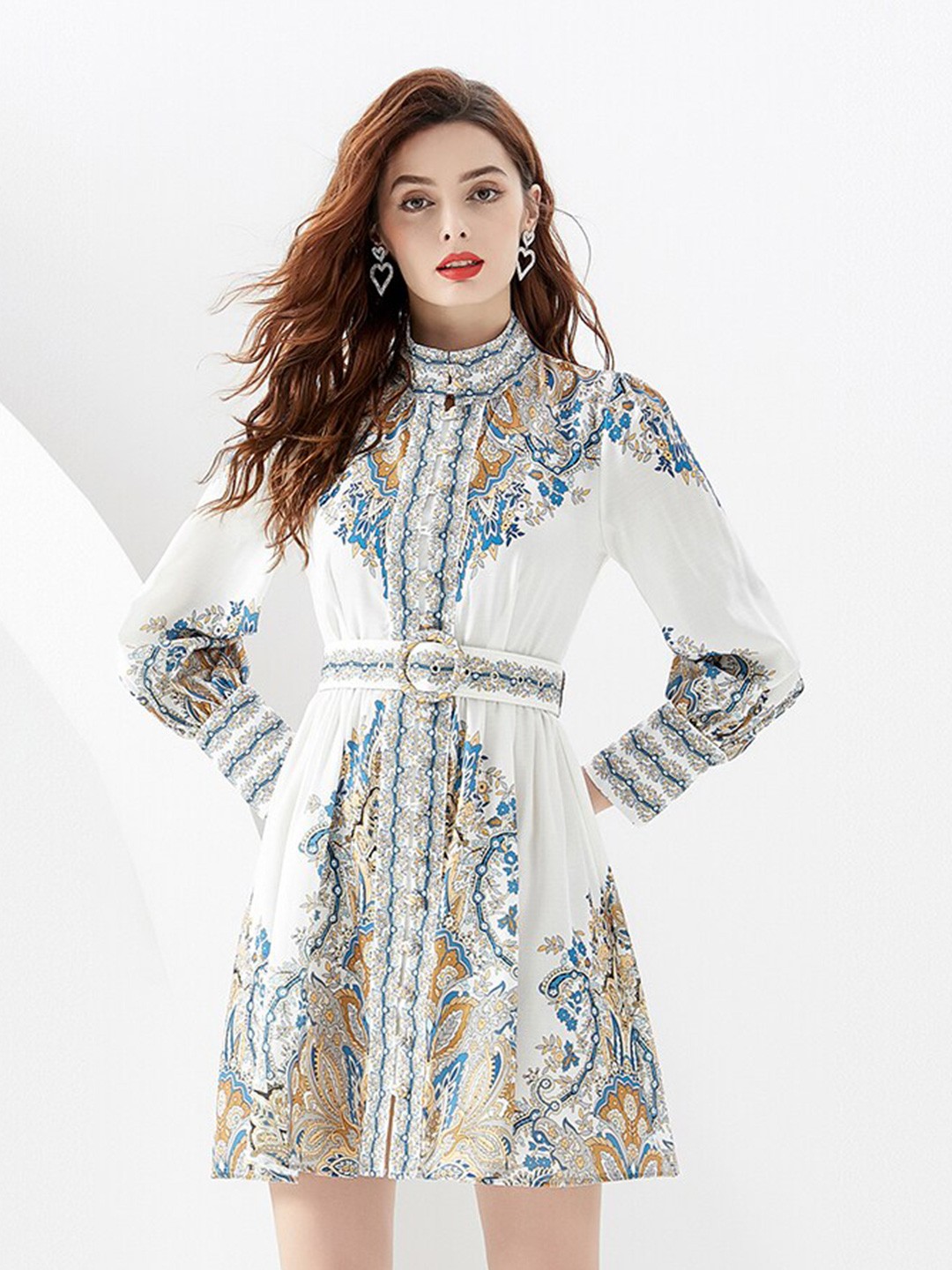 

JC Collection Ethnic Motifs Printed Mock Neck Belted Fit & Flare Dress, White