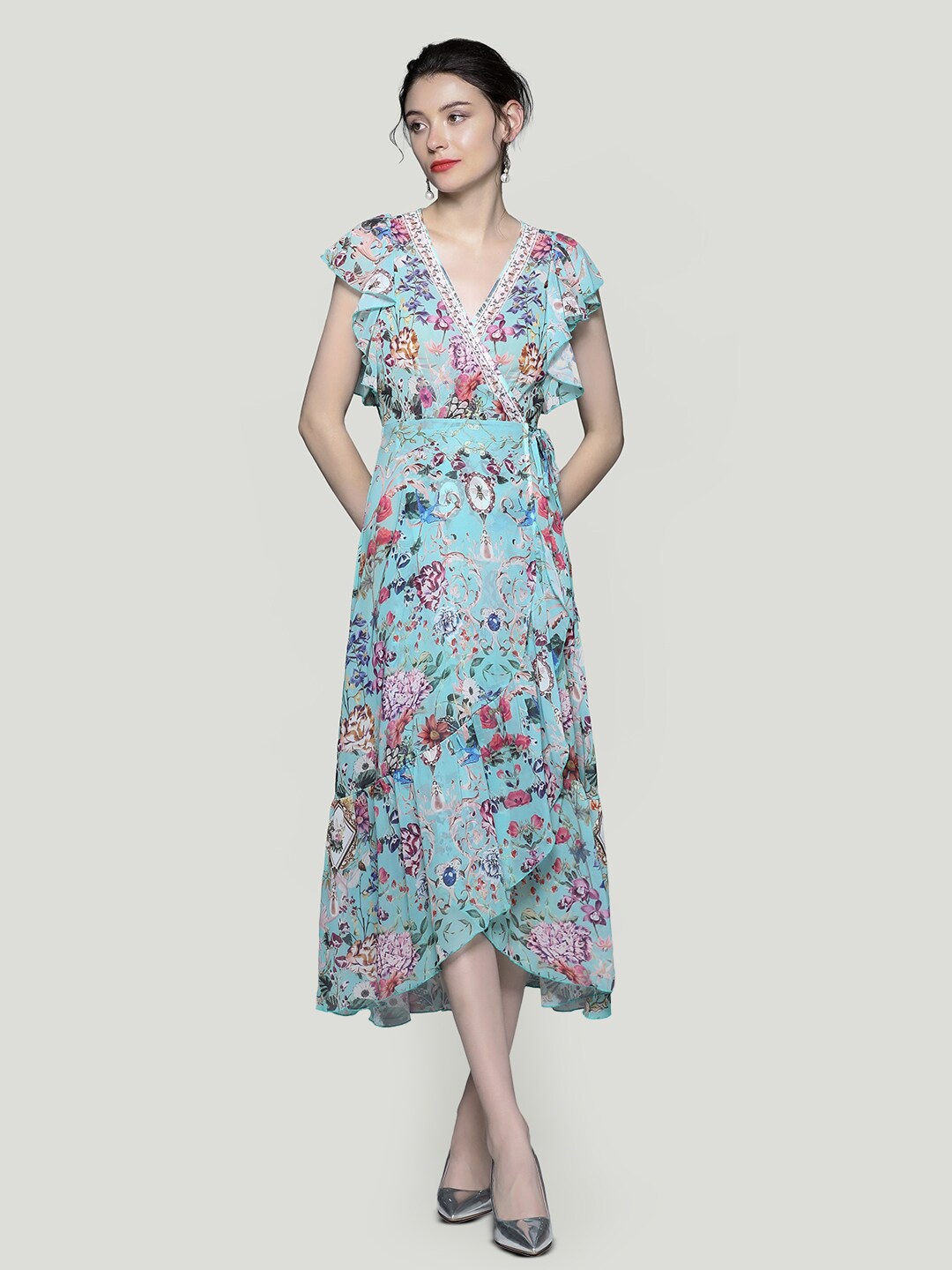 

JC Collection Floral Printed V-Neck Flutter Sleeve Ruffled Wrap Midi Dress, Green