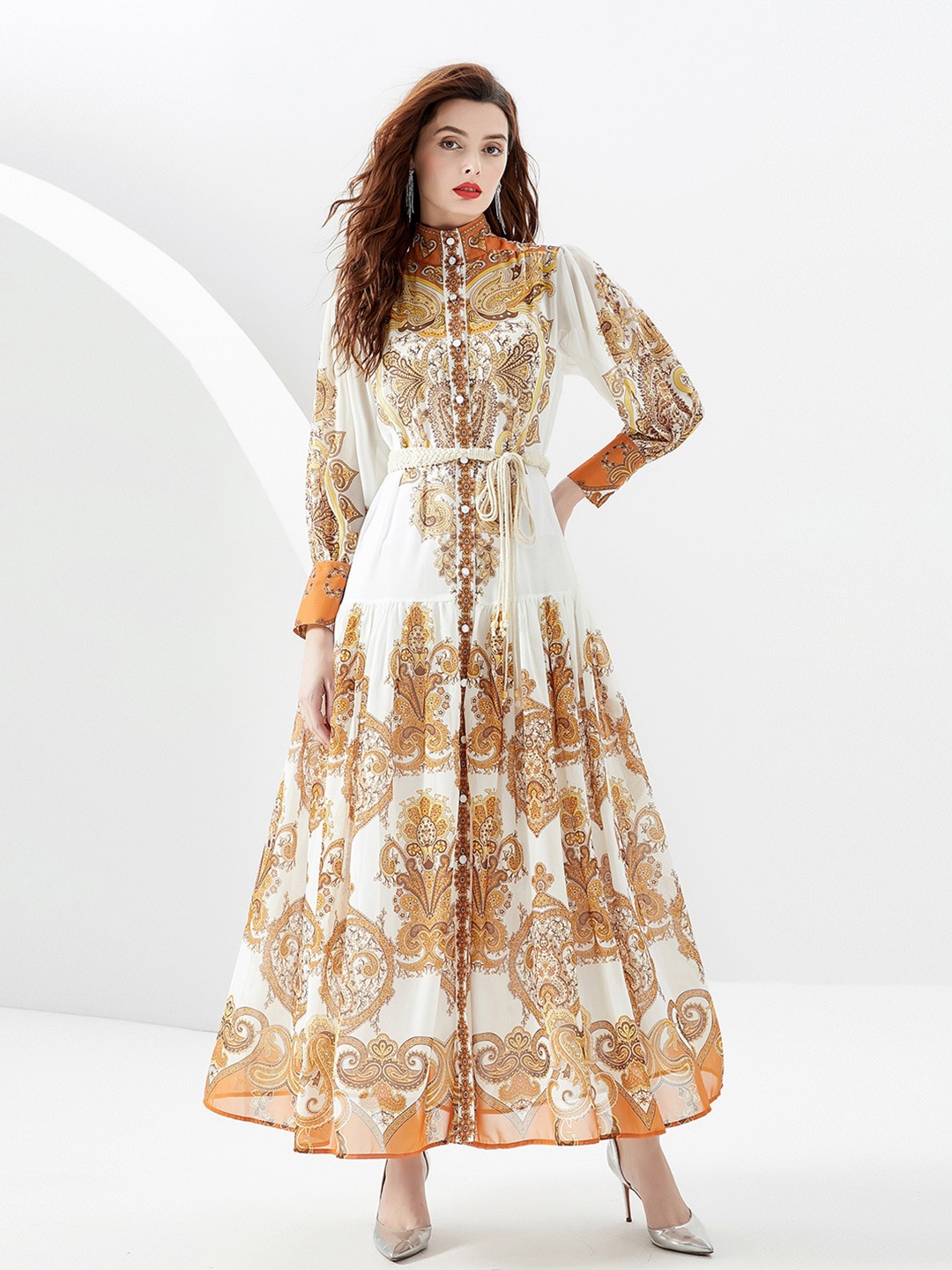 

JC Collection Ethnic Motifs Printed Mock Neck Belted Fit & Flare Dress, Orange