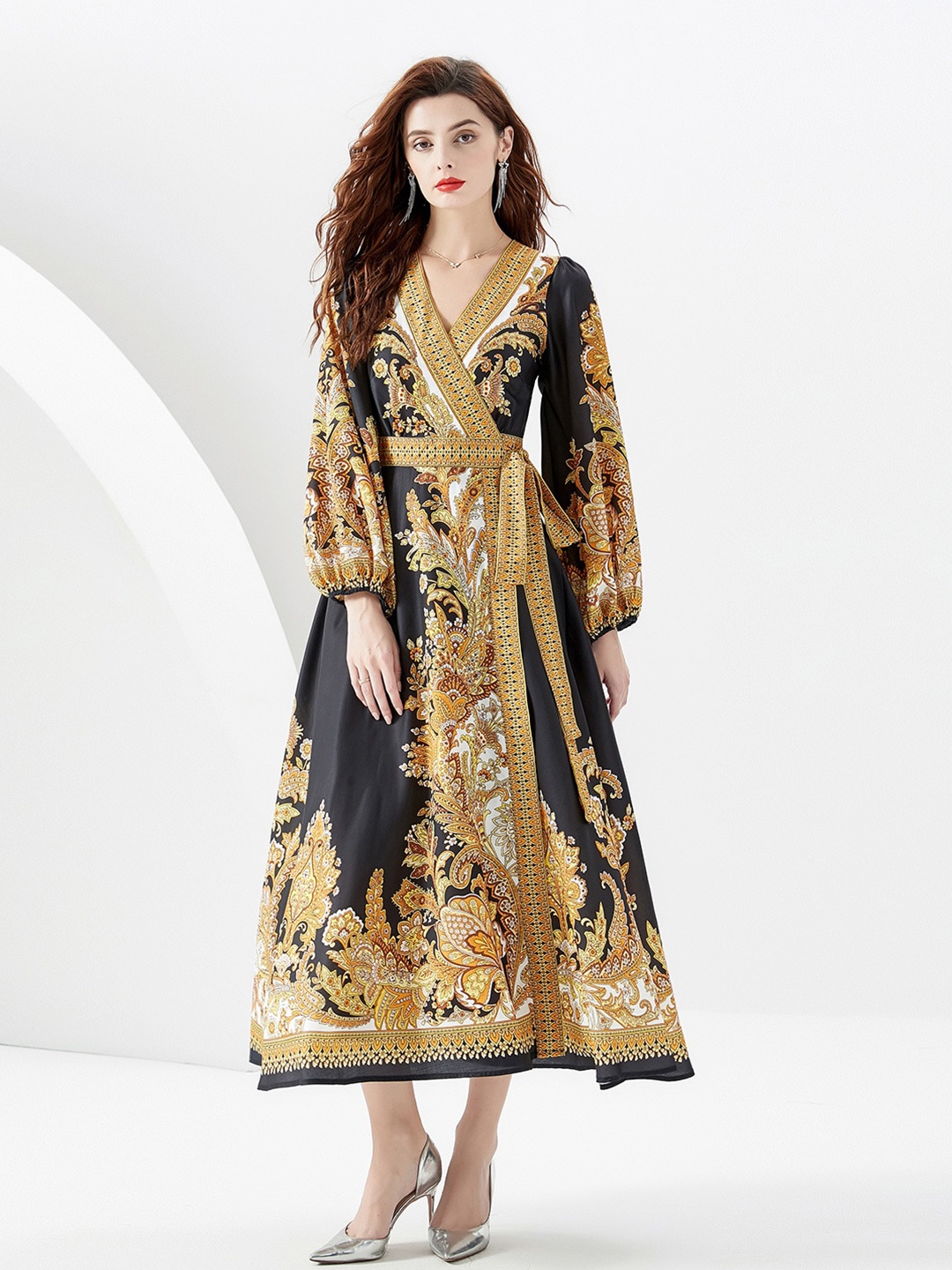 

JC Collection Ethnic Motifs Printed Cuffed Sleeves Wrap Midi Dress, Black