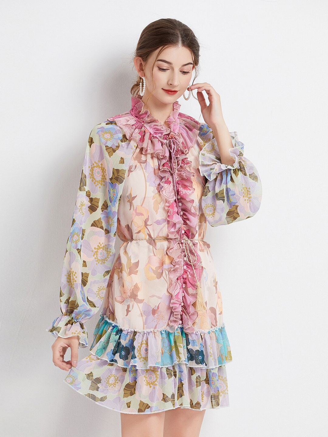 

JC Collection Floral Printed Ruffled Tie-Up Neck Puff Sleeve Fit & Flare Dress, Cream