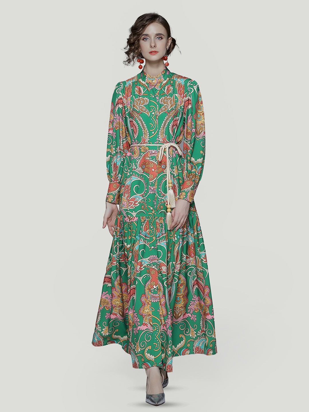 

JC Collection Ethnic Motifs Printed Long Puff Sleeves A-Line Dress, Green