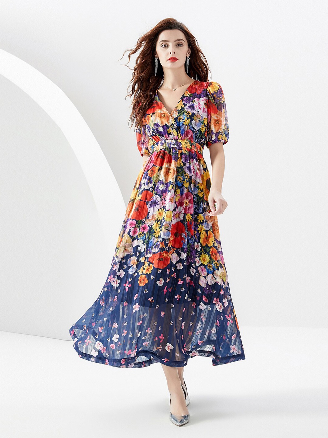 

JC Collection Floral Printed V-Neck Smocked Fit & Flare Maxi Dress, Blue