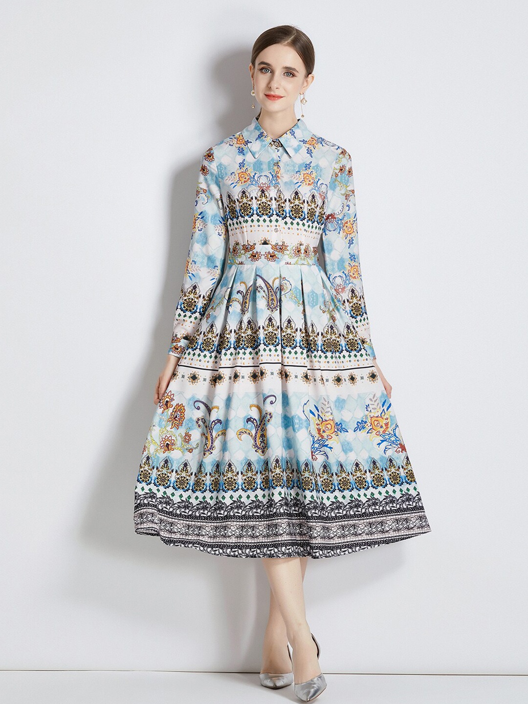 

JC Collection Ethnic Motifs Printed Shirt Collar Long Sleeves Fit & Flare Midi Dress, Blue