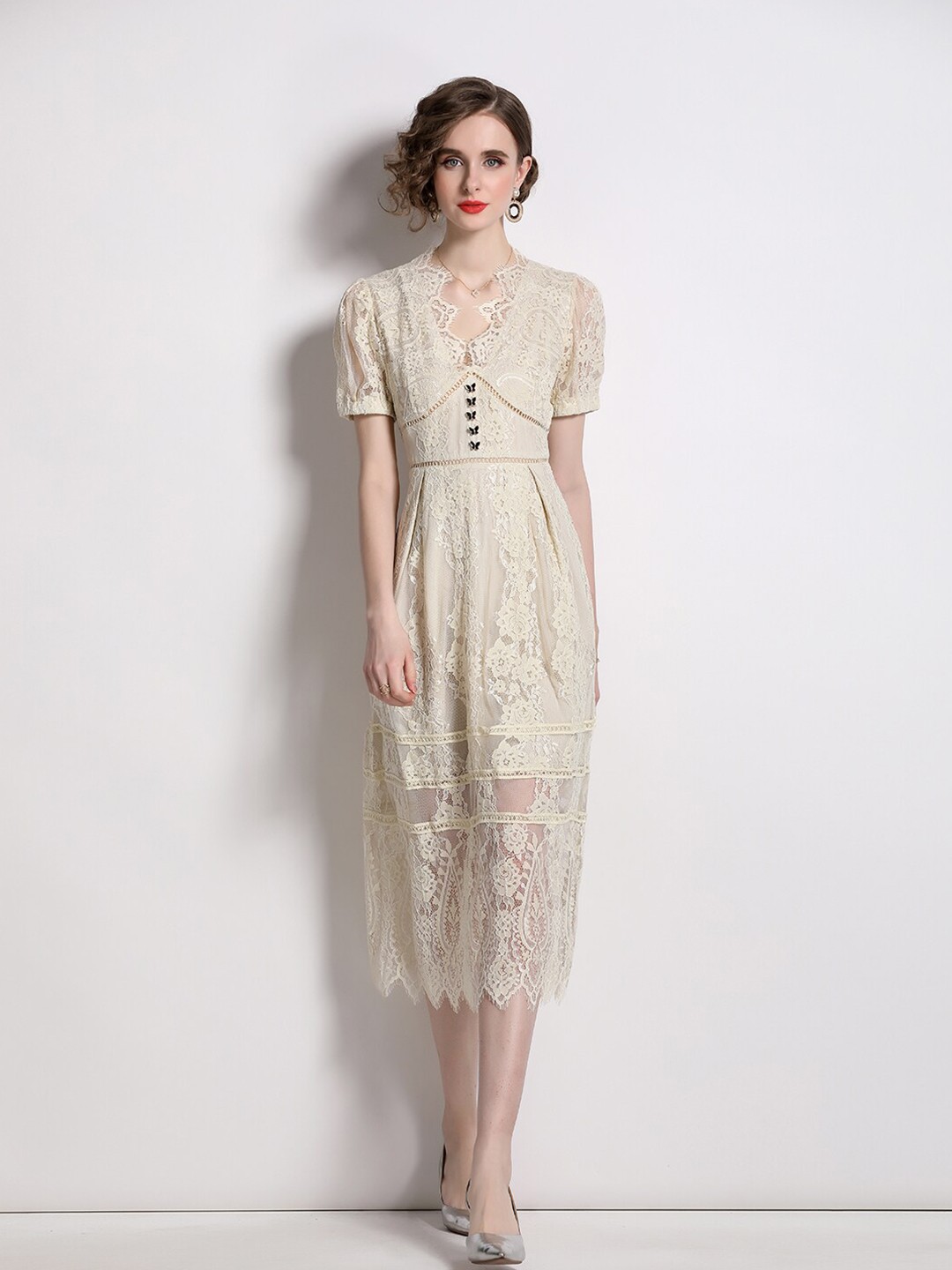 

JC Collection Self Design V-Neck Puff Sleeve Empire Dress, Beige