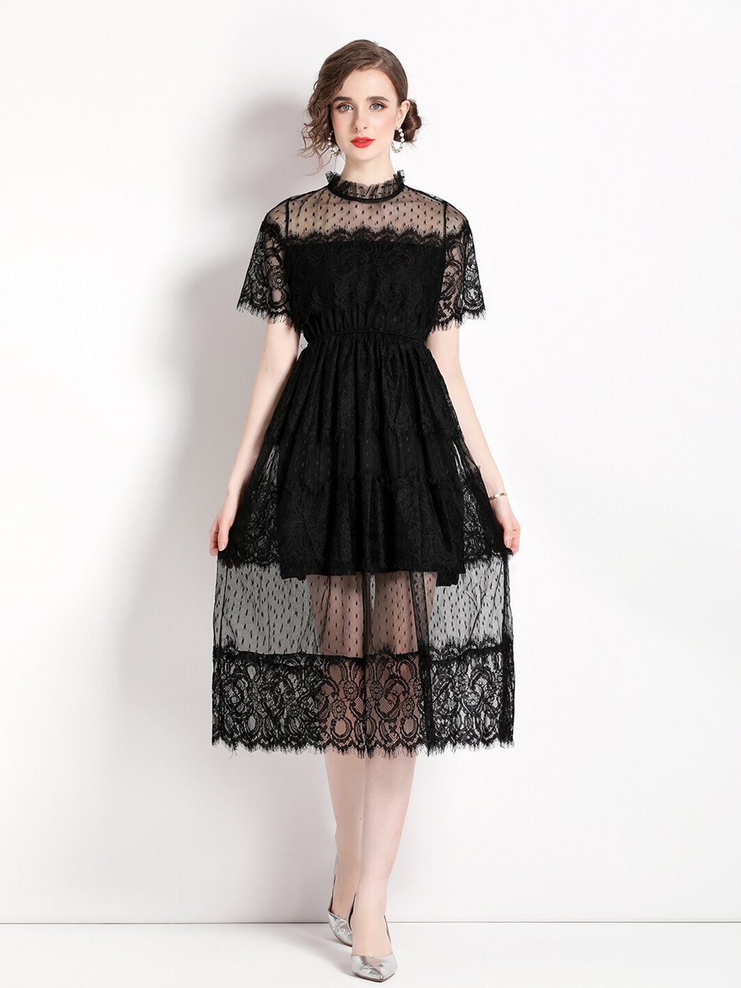 

JC Collection Self Design Round Neck Lace Up Fit & Flare Dress, Black