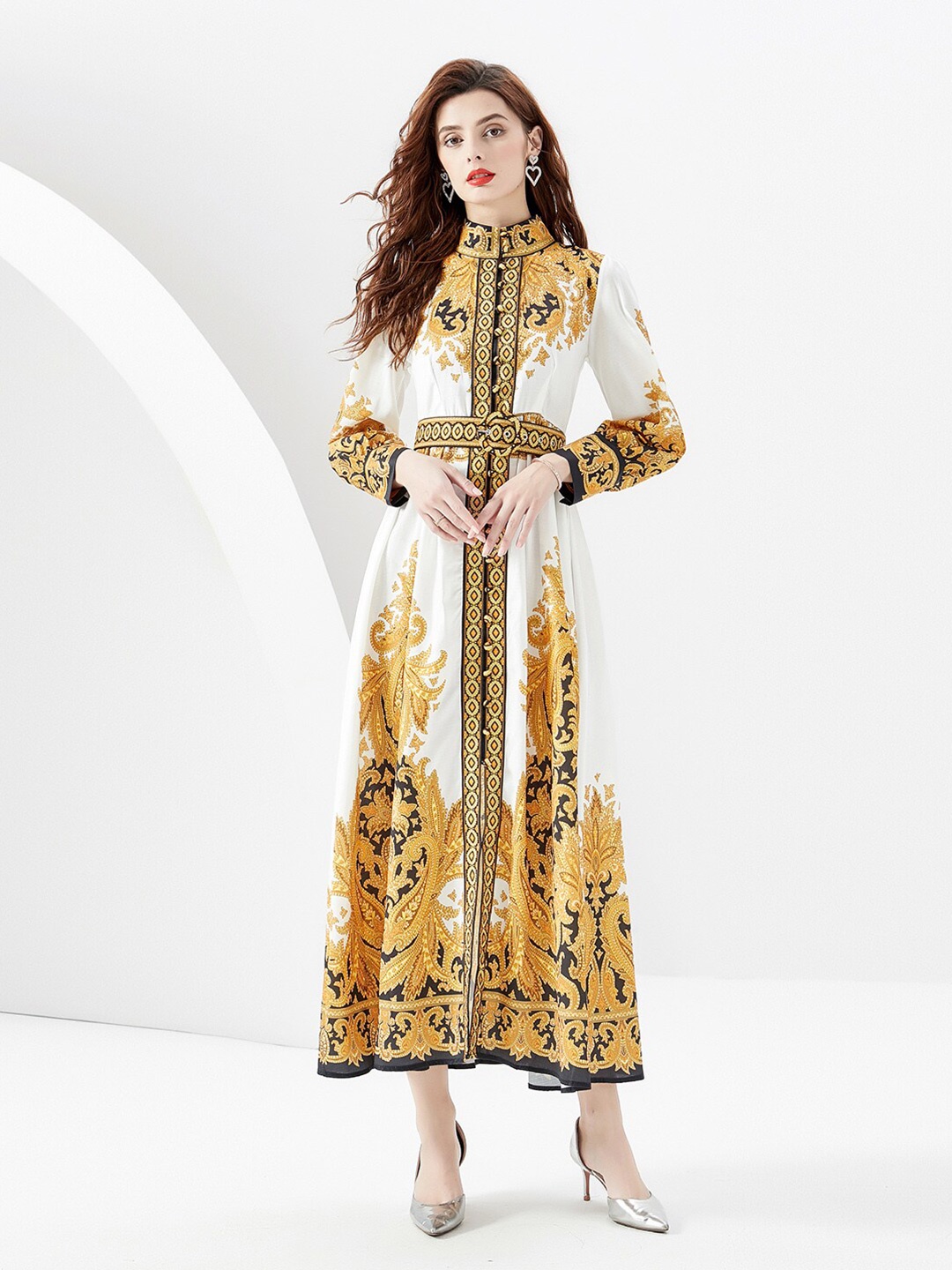 

JC Collection Ethnic Motifs Printed Belted Mock Neck Maxi Fit & Flare Dress, Yellow