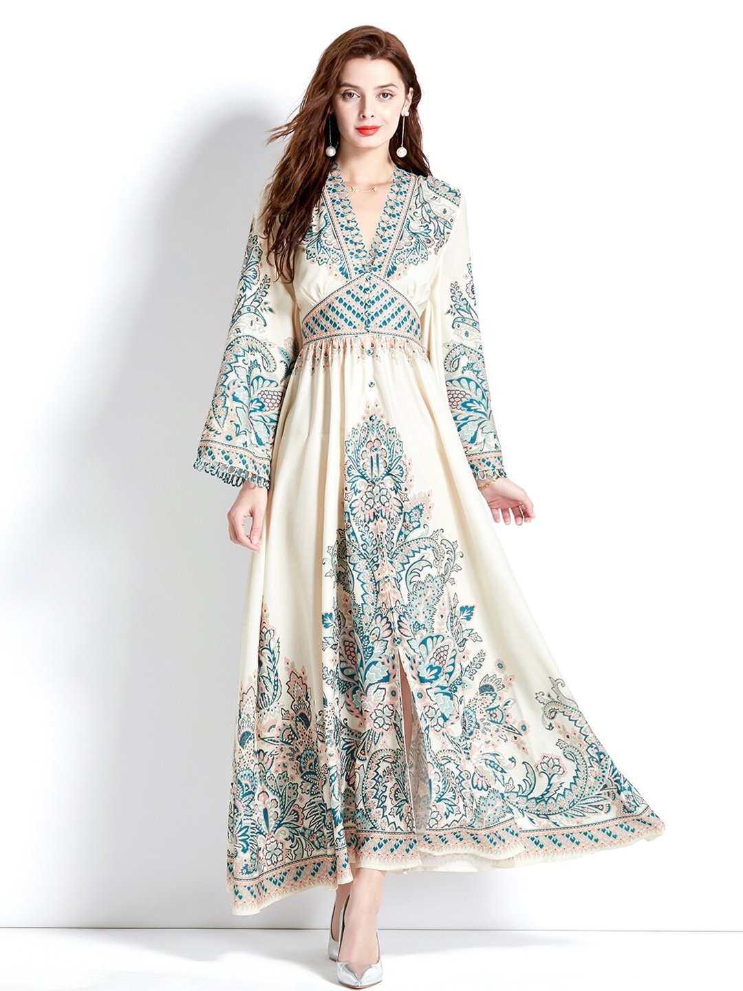 

JC Collection Ethnic Motifs Printed Front Slit Maxi Fit & Flare Dress, Green