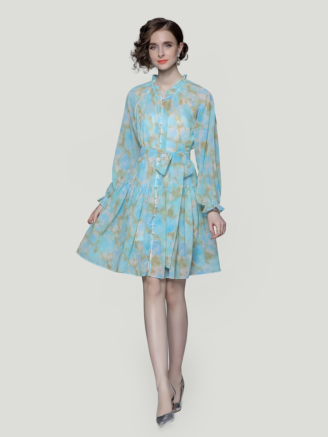 

JC Collection Abstract Printed Ruffled Belted Puff Sleeves Tiered Fit & Flare Dress, Blue