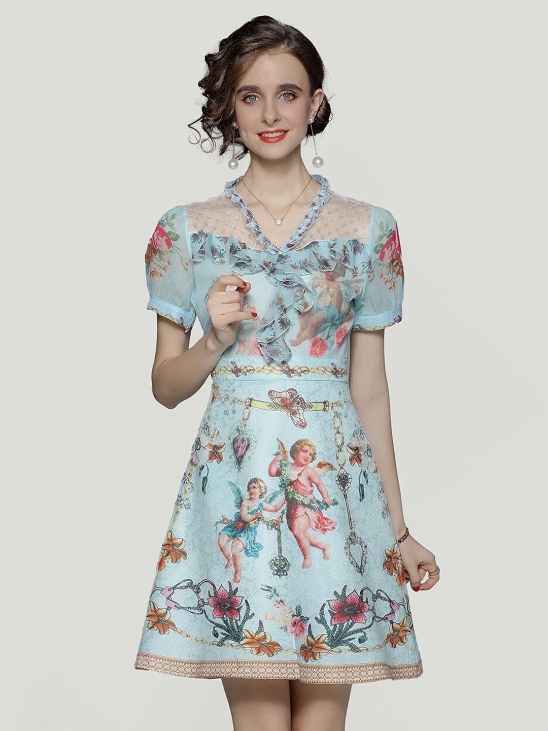 

JC Collection Floral Printed Puff Sleeves Ruffled Sequined A-Line Dress, Blue