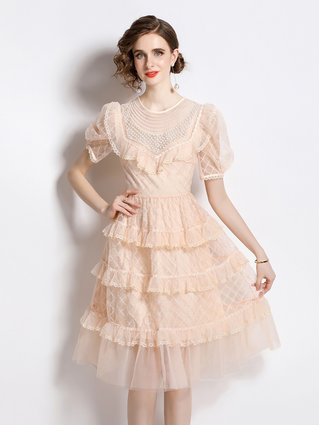 

JC Collection Self Design Puff Sleeves Ruffled Fit & Flare Dress, Peach