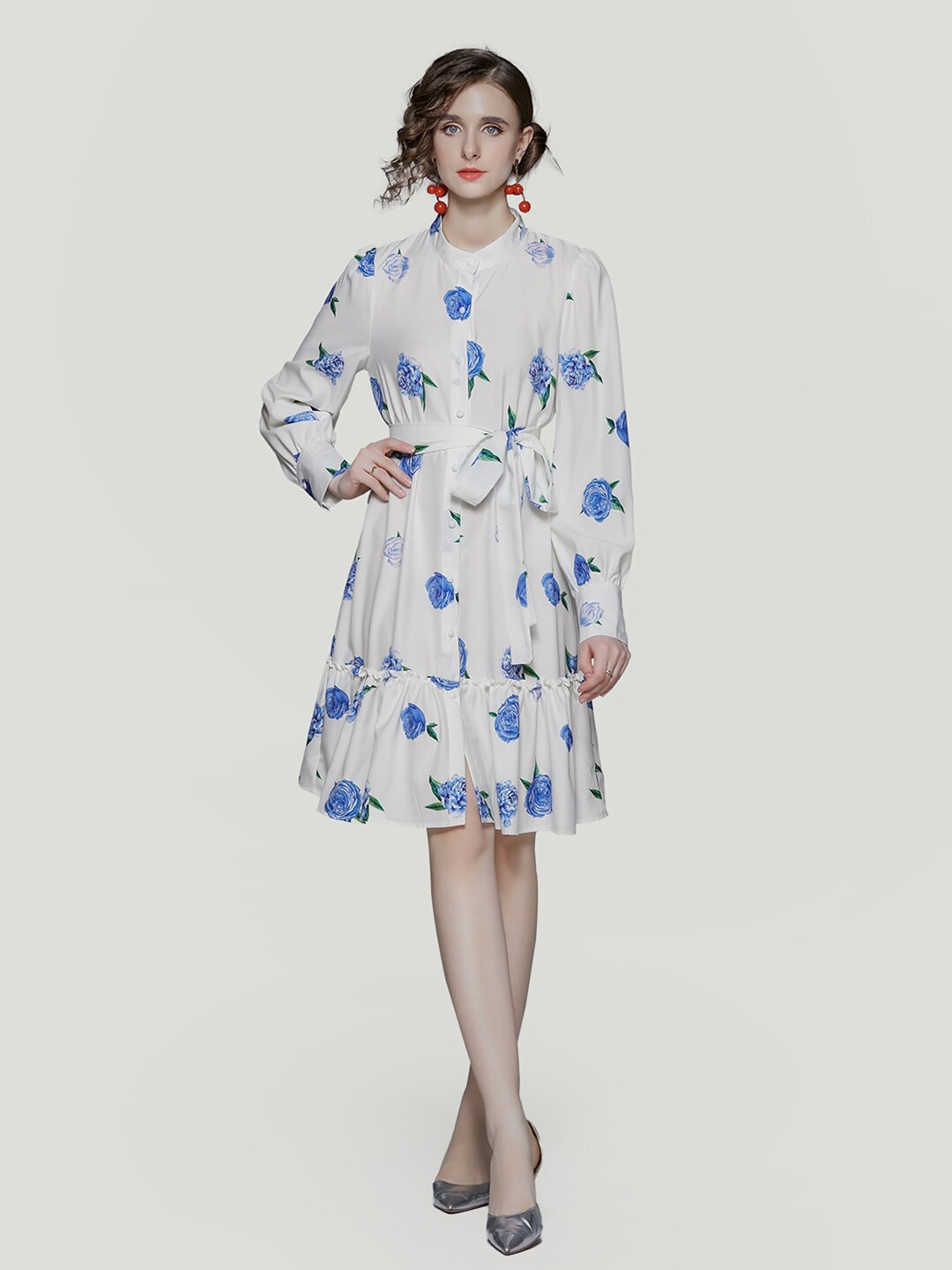 

JC Collection Floral Printed Mock Neck Belted Flounce A-Line Dress, Blue