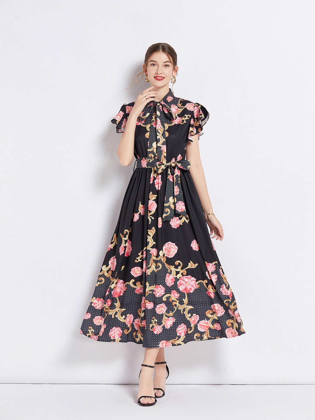 

JC Collection Printed Tie-Up Detail Shirt Collar Flutter Sleeves Maxi Fit & Flare Dress, Black