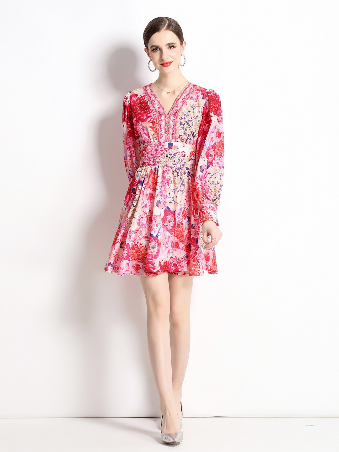 

JC Collection Floral Printed V-Neck Puff Sleeves Fit & Flare Dress, Red