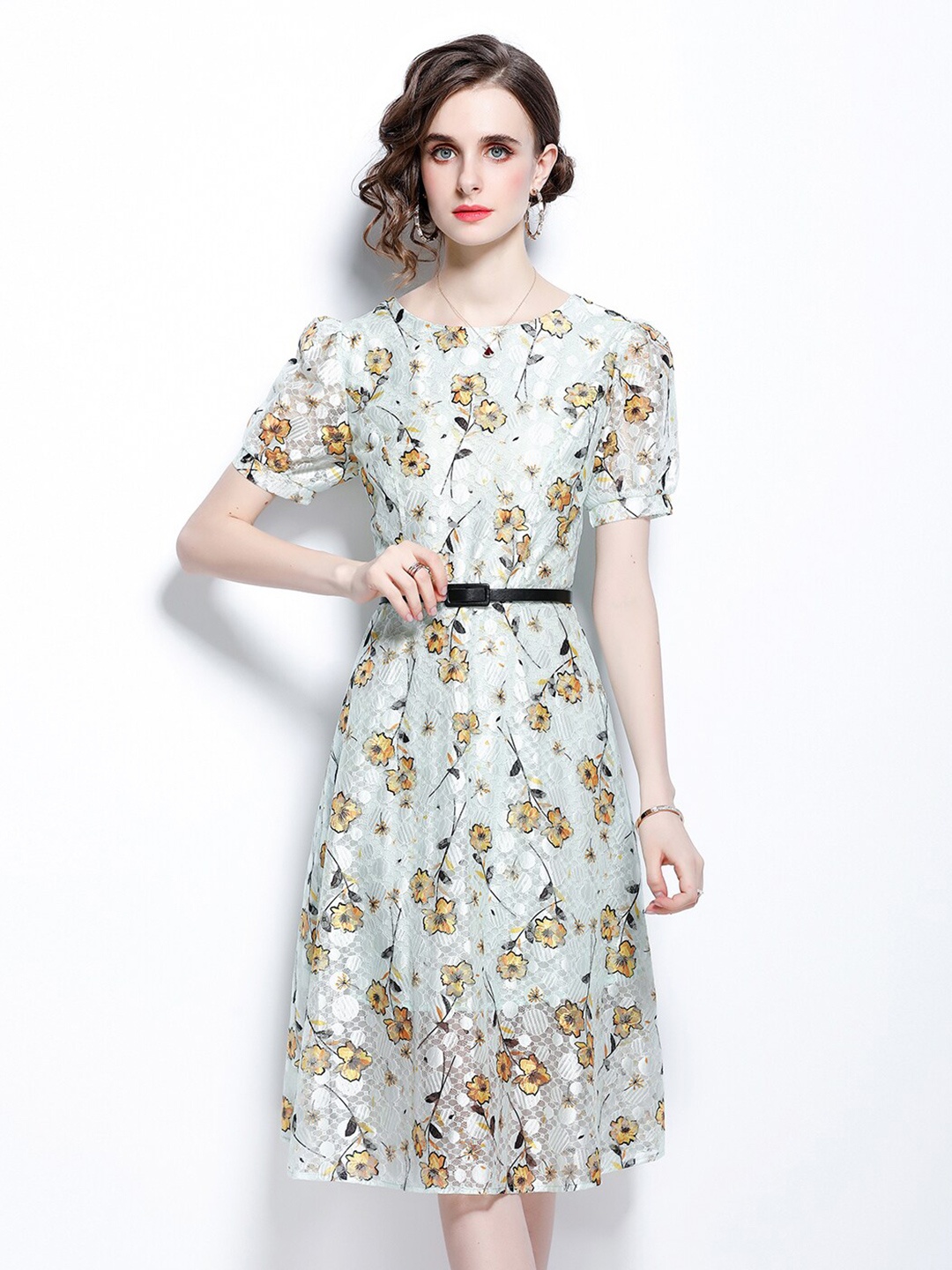 

JC Collection Floral Printed Puff Sleeves Fit & Flare Dress, Turquoise blue