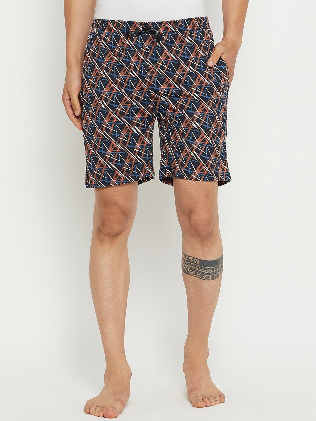 

NEVA Men Geomertric Printed Mid-Rise Lounge Shorts, Navy blue